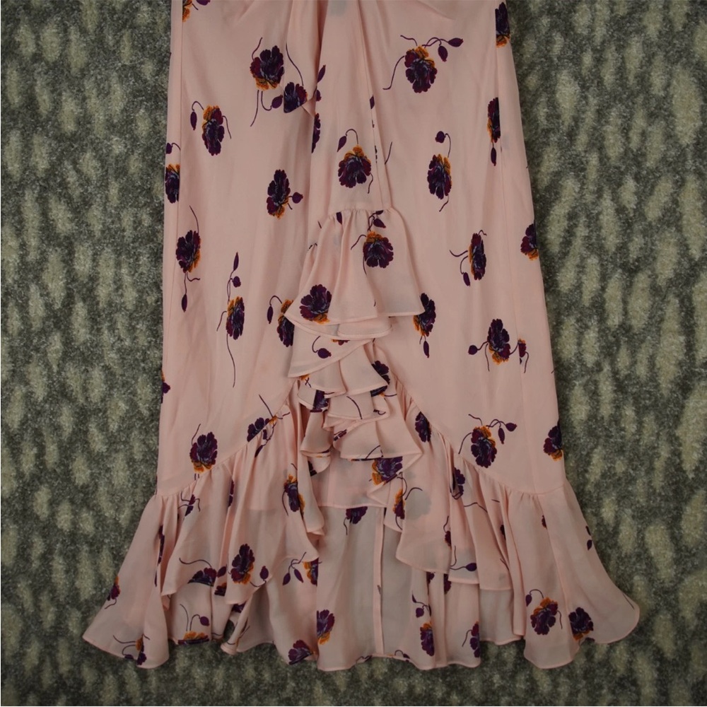 Cinq a Sept Midi Dress Blush Pink Floral Print Ruffle Trim Sz 4 Silk Bow Tie - Picture 5 of 15